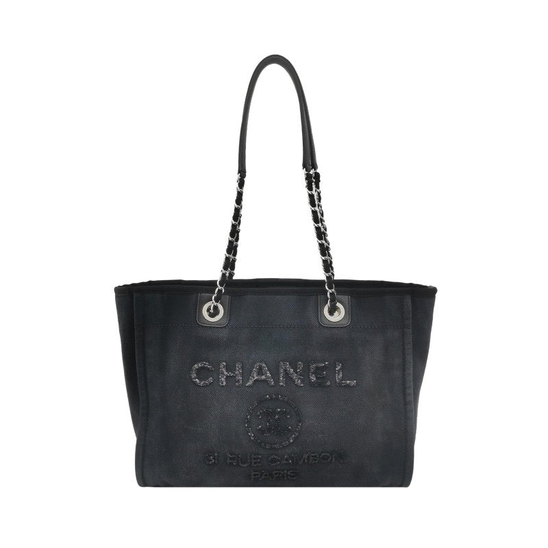 Chanel Deauville Beach Bag Cowhide Canvas Color Blocking Large Logo Letter Tote Shoulder Bag