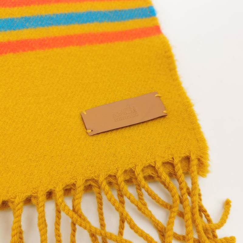 Hermès Cashmere Colorblock Fringed Monogrammed Logo Scarf