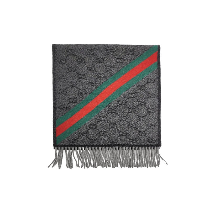 Gucci Wool Double G Old Flower Clashing Color Stripe Fringe Scarf