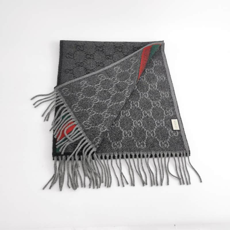 Gucci Wool Double G Old Flower Clashing Color Stripe Fringe Scarf