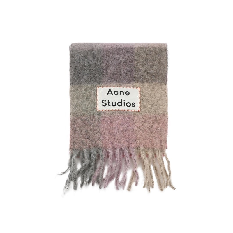 Acne Studios Alpaca Wool Mohair Blend Colorblocked Plaid Fringe Scarf