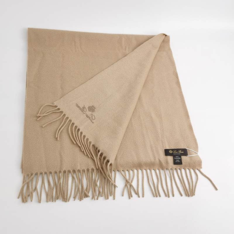 Loro Piana Grande Unita Cashmere Solid Color Letter Logo Embroidered Fringe Scarf