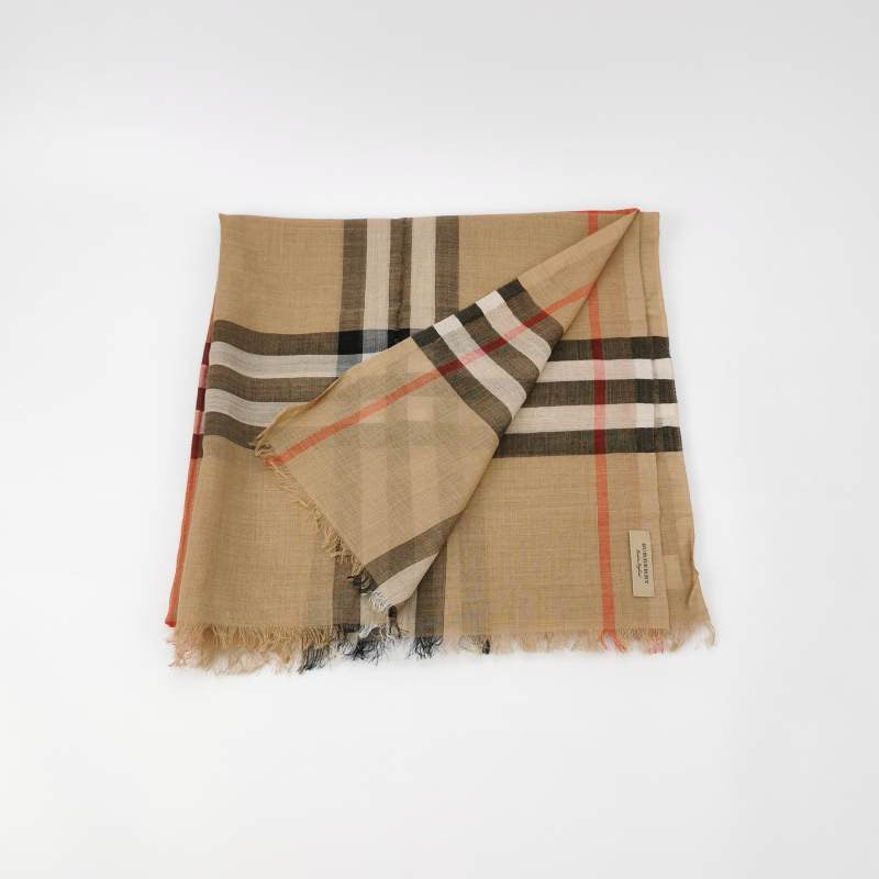 Burberry Wool and Mulberry Silk Blend Colorblock Check Scarf