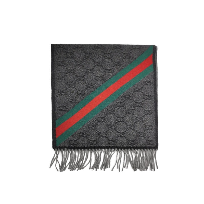 Gucci Wool Double G Old Flower Clashing Color Stripe Fringe Scarf