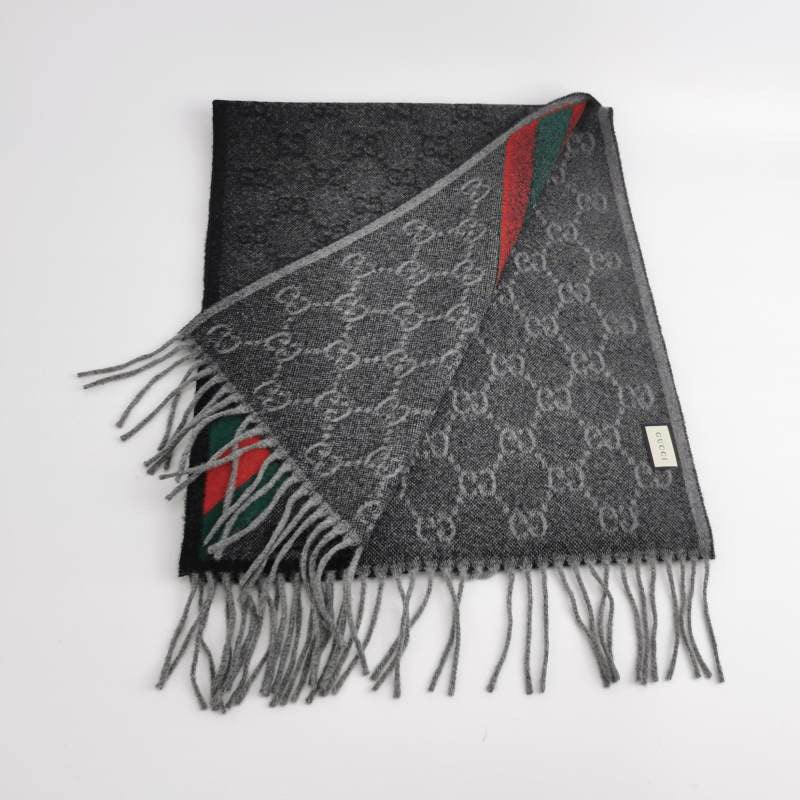 Gucci Wool Double G Old Flower Clashing Color Stripe Fringe Scarf